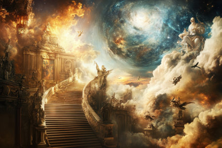 Staircases ascend through vibrant clouds towards a divine setting with celestial figures and cosmic light.の写真素材