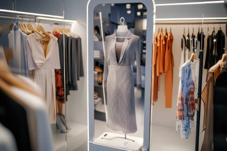 A contemporary boutique features a striped dress in the center and a variety of clothing on the racks around it.の写真素材