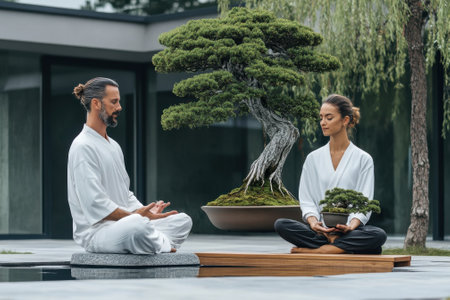 Two individuals practice meditation in a peaceful garden, surrounded by bonsai trees and modern architecture.の写真素材
