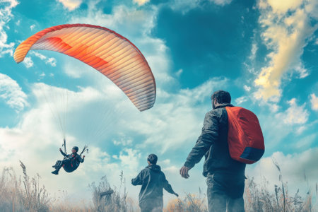 Two people watch as a paraglider gracefully soars above them on a clear and sunny day.の写真素材