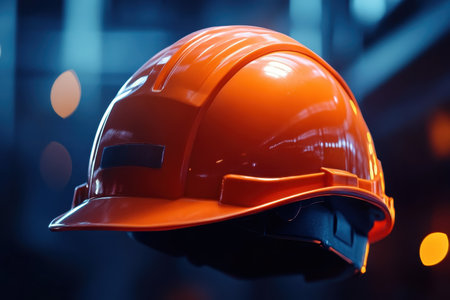 A vibrant orange helmet hovers in an industrial environment, emphasizing workplace safety and construction readiness.の写真素材