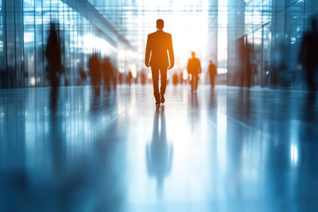 A solitary figure walks confidently through a sleek office space illuminated by warm sunlight.の写真素材
