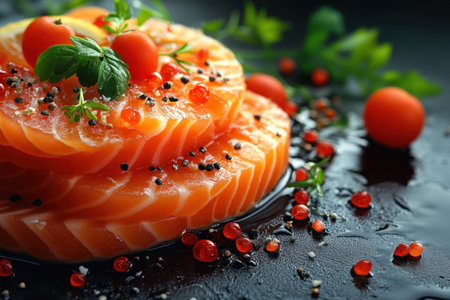 Fresh salmon fillets are beautifully arranged, topped with herbs for a striking presentation.の写真素材
