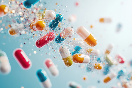 Colorful capsules and tablets are suspended in mid-air, creating a dynamic and lively visual effect.の写真素材