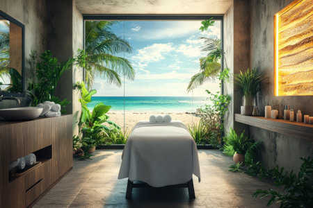 A tranquil spa room features a massage table by a large window, revealing a beautiful beach and palm trees.の写真素材