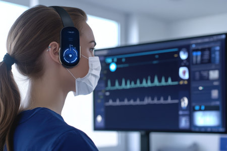 A healthcare worker in scrubs and a mask analyzes vital signs on a screen while wearing headphones.の写真素材
