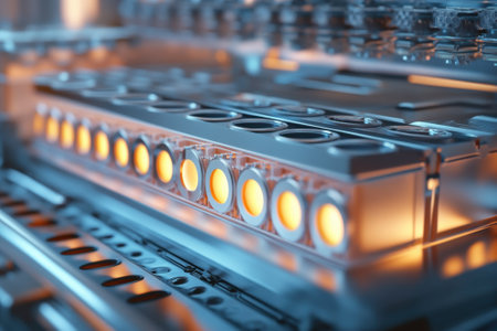 Metallic machine parts glow warmly in a high-tech facility, showcasing intricate design and engineering.の写真素材