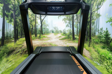 A treadmill is set against a vibrant forest backdrop, offering a unique exercise atmosphere.の写真素材