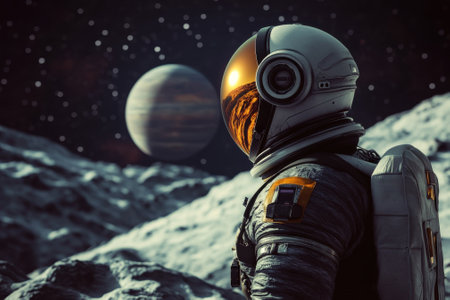 An astronaut stands on a moon-like surface, looking at a large planet in the starry sky.の写真素材