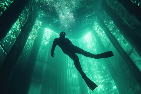 A diver swims gracefully through a deep, illuminated shaft with shimmering green hues and bubbles rising around.の写真素材