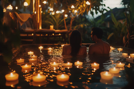 Couples enjoy a tranquil evening soaking in a hot tub illuminated by floating candles and surrounded by nature.の写真素材