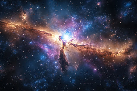A magnificent display of cosmic colors showcases a galaxy with swirling gases, stars, and nebulae.の写真素材
