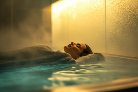 A young woman enjoys a tranquil experience in a steam-filled spa, floating in warm water while unwinding.の写真素材