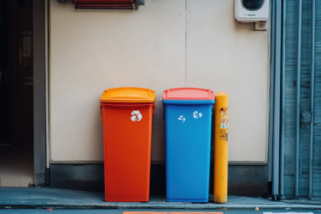 Two vibrant recycling bins stand side by side against a building in a busy urban environment.の写真素材