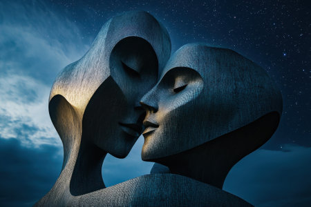 Two abstract figures share an intimate moment with a dramatic sky filled with stars in the background.の写真素材