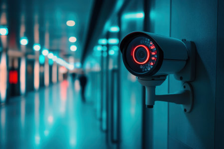 A surveillance camera keeps watch over a well-lit hallway in a contemporary building during evening.の写真素材