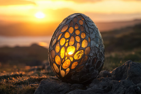 A beautifully crafted egg sculpture glows warmly as the sun sets over the tranquil coastal landscape.の写真素材