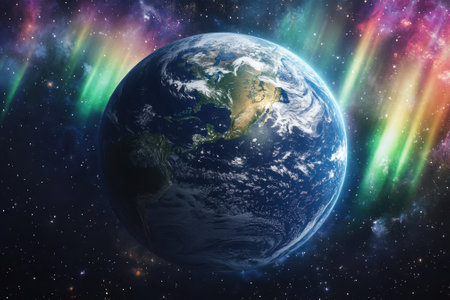 Earth is vividly illuminated by vibrant auroras, showing its beauty against a star-filled cosmos.の写真素材
