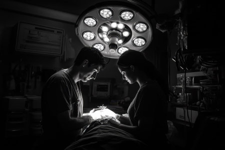 Two healthcare workers focus on a surgical procedure, illuminated by overhead lights in a quiet operating room.の写真素材