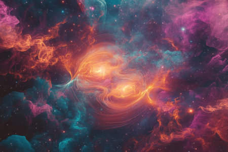 A stunning cosmic nebula featuring swirling gases in vibrant colors and brilliant stars illuminating the dark universe.の写真素材