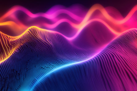 Colorful waves undulate in a mesmerizing abstract display, showcasing vivid lines and gradients.の写真素材