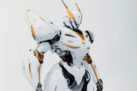 A robot with a streamlined white and orange exterior stands poised, showcasing advanced technology and design.の写真素材