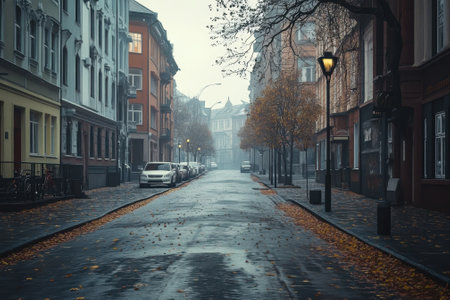 A serene street lined with trees and buildings, covered in wet leaves, under a gray foggy sky.の写真素材