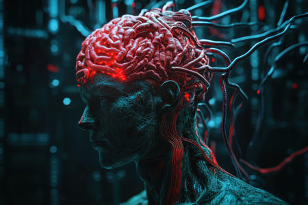 A human figure in a dark digital space shows a glowing brain connected by wires in a surreal display.の写真素材
