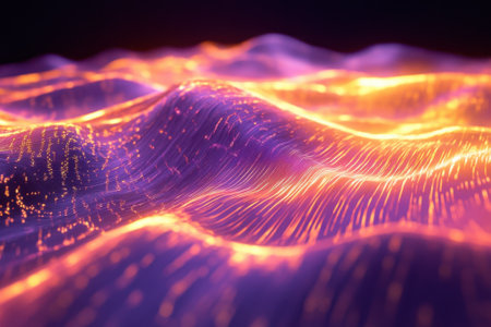 Bright glowing waves with a mix of purple and orange create an abstract digital landscape with depth and movement.の写真素材