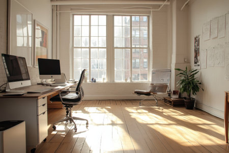 Sunlight floods a modern office featuring desks, computers, and a relaxed seating area with plants.の写真素材
