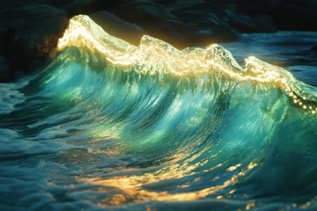 A luminous wave crashes against rocks, reflecting golden light as twilight sets in by the coast.の写真素材