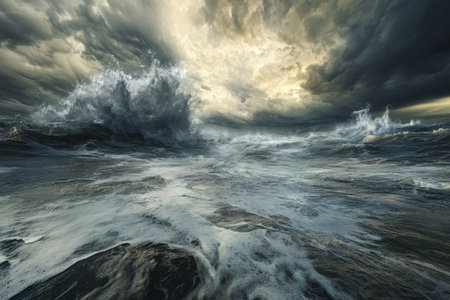 Dark storm clouds hover above while powerful waves crash violently against a rugged coastline.の写真素材