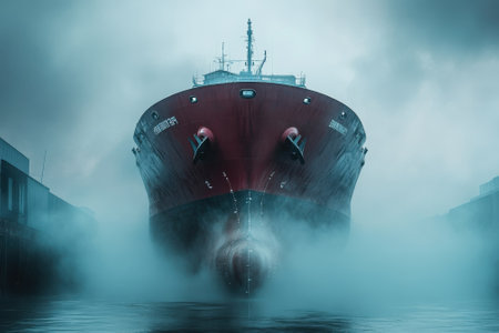 A colossal vessel cuts through dense fog in the harbor during early morning light, creating an impressive sight.の写真素材