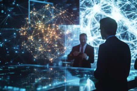 Two business professionals engage with digital displays in a futuristic workspace filled with data visualizations.の写真素材
