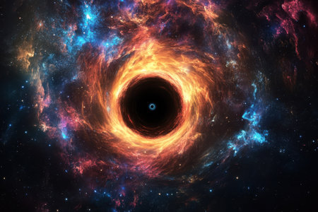 A cosmic black hole is surrounded by brilliant colors, stars, and swirling galaxies in the vast universe.の写真素材