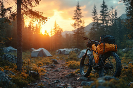 A bicycle stands next to a path leading to tents as the sun sets behind the mountains in the background.の写真素材