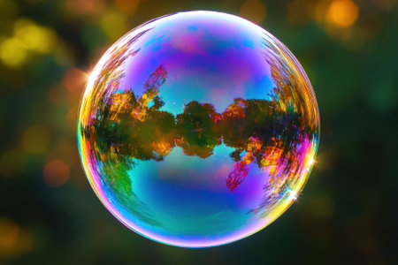 A vibrant soap bubble captures surrounding trees and colorful foliage with sunlight glinting off its surface.の写真素材