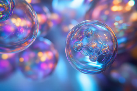 Bubbles with intricate molecular structures float in a vibrant, colorful environment filled with reflections.の写真素材