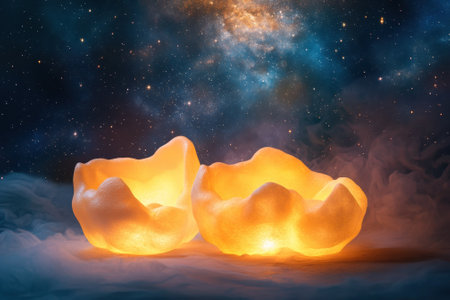 Two luminous sculpted bowls radiate warm light against a starry cosmic background, creating an enchanting atmosphere.の写真素材