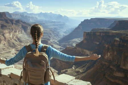 A young woman stands with arms extended at a canyon overlook, taking in the stunning landscape on a clear day.の写真素材