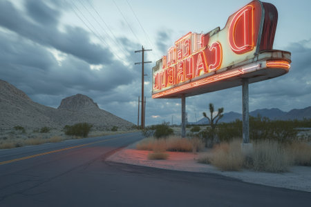 A vintage neon sign stands illuminated at dusk along a quiet desert road, surrounded by mountains.の写真素材