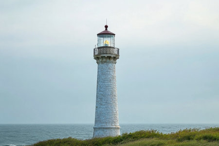 A lighthouse towers over serene waters, guiding ships as clouds softly drift in the sky above.の写真素材