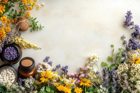 A colorful display of various herbs and flowers arranged on a soft surface, showing natural beauty and healing.の写真素材