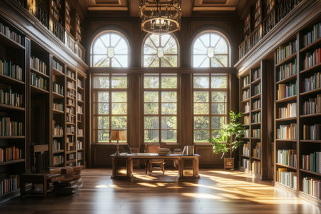 Sunlight streams through large windows, illuminating a wooden library filled with books and greenery.の写真素材