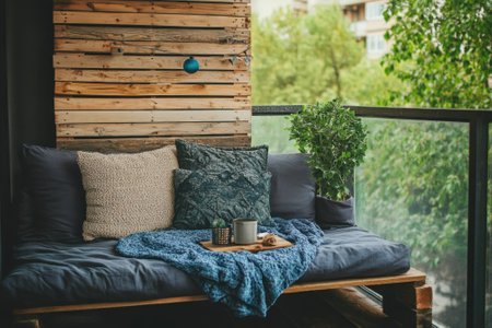 A comfortable balcony nook features soft cushions, a wooden platform, and a small wooden tray with a drink.の写真素材
