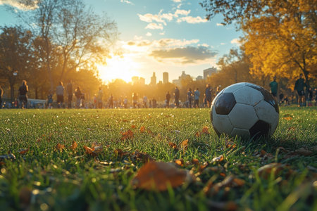 A soccer ball rests on the grass as players enjoy a spirited game during a vibrant sunset.の写真素材