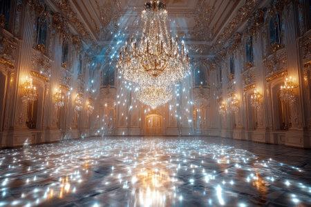 A grand hall showcases two ornate chandeliers, with rays of light creating a magical atmosphere on the floor.の写真素材