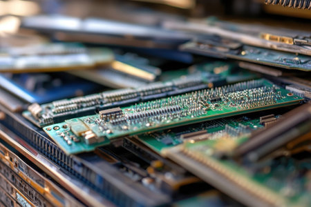 A collection of circuit boards and electronic components piled together in a work environment.の写真素材