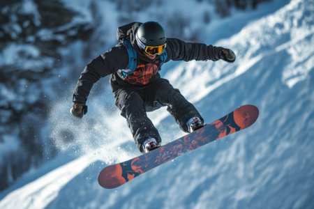 A skilled snowboarder performs a jump off a snowy slope, showcasing impressive aerial skills amidst winter scenery.の写真素材