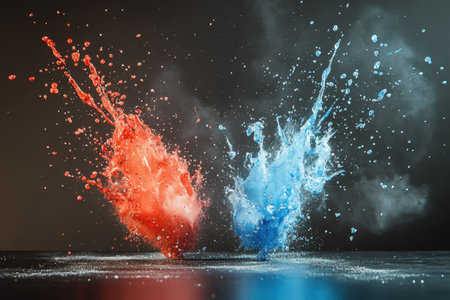 Blue and red paint bursts form vibrant splashes against a dark backdrop, showcasing artistic energy and motion.の写真素材